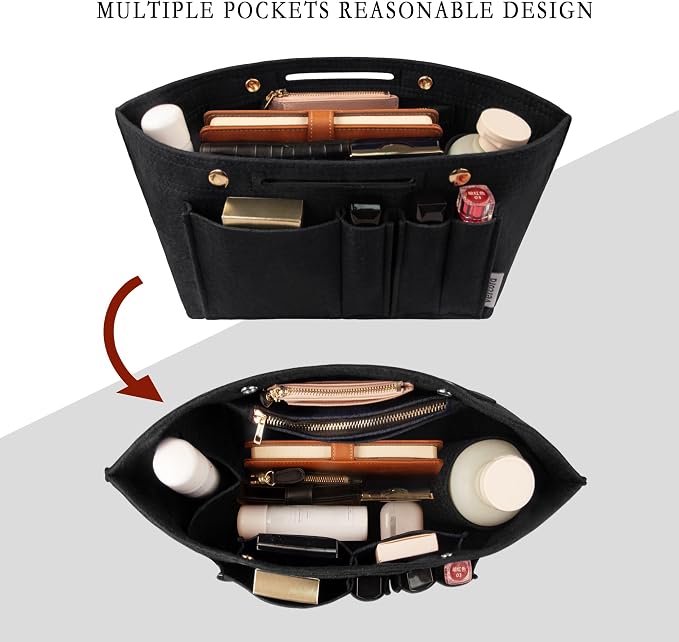 Vercord Purse Organizer Insert for Long champ Felt Organizer Insert with Zipper Handbag Insert Tote Shaper Storage Bag Black S
