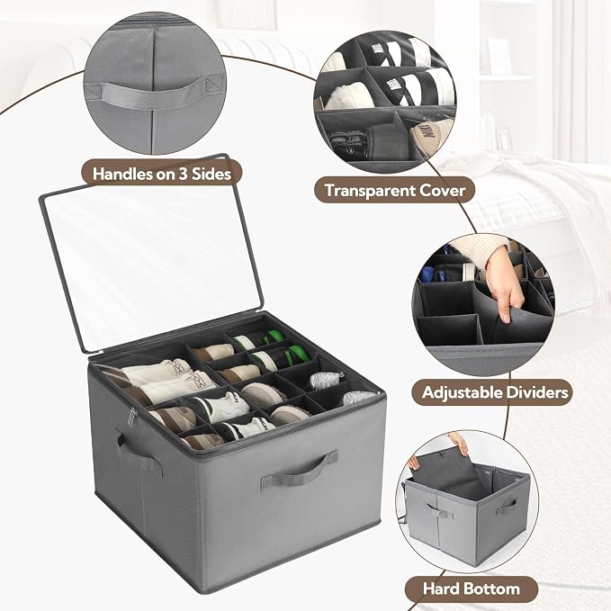 VZZNN Shoe Organizer for Closet, 2 Pack Foldable Shoe Storage Bins with Clear Cover and Adjustable Dividers, Fits up to 16 Pairs, Large Shoe Box Storage Containers with Reinforced Handles (grey)