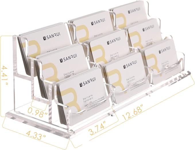 SANRUI Clear Horizontal Business Card Holder Stand for Desk, Acrylic Desktop Display Name Cards Holders Organizer Storage Rack,for Exhibition, Home, Office,3 Tier 9 Pocket, 540 Card Capacity