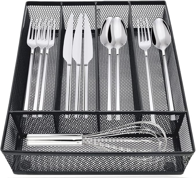 COSWE Silverware Tray for Drawer, Silverware Organizer, Metal Drawer Organizer Kitchen Utensils with Foam Feet Multi Compartments Cutlery Organizer in Drawer (BLACK)