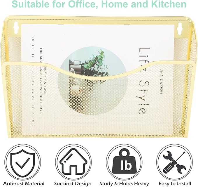 EASEPRES 3 Single Pocket Mesh Hanging File Organizer, Vertical Wall Mounted Magazine File Holder, Mount Basket Mail Paper Document Folder Organizing for Office, Home and School, Gold