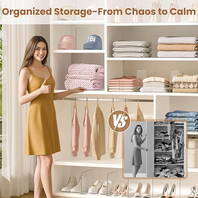 Purse Organizer for Closet Shelf Dividers: 6 Pack Acrylic Clear Vertical, T-Shaped Base, Fit Any Shelf Thickness, No Tools Needed 5-Second Install, Storage for Handbags, Clothes, Towels, 11.03"x8.07"