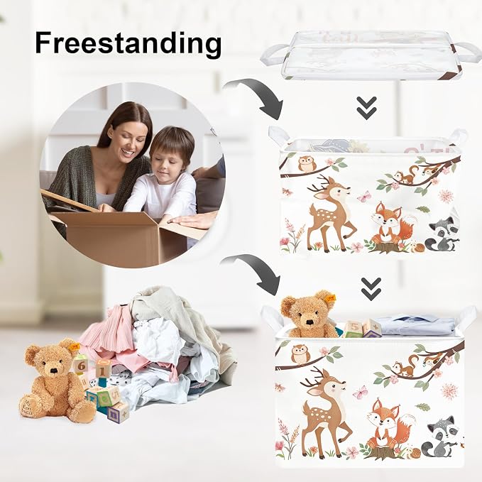 Clastyle Forest Animal Baby Storage Basket Leaf Kid Laundry Hamper Boy Girl Gift Toy Box Collapsible Clothes Organizer Nursery Bin for Bedroom, Pink Deer, 40x30x30 cm