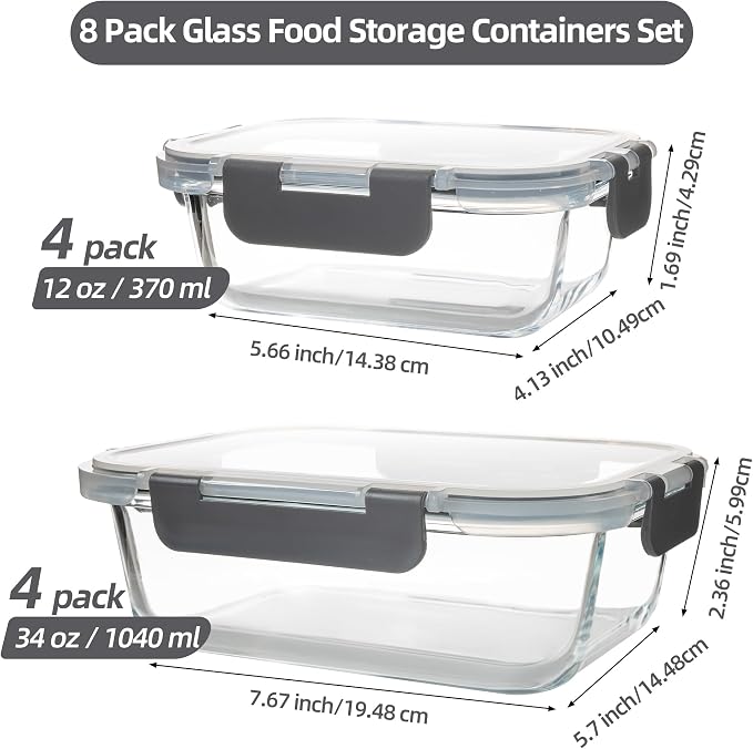 16Pack Glass Meal Prep Containers 8 Bowls with 8 Airtight Grey Lids 2 Sizes | Borosilicate glass food storage set for lunch, leftovers & portion control — microwave/freezer/dishwasher safe, leak-proof