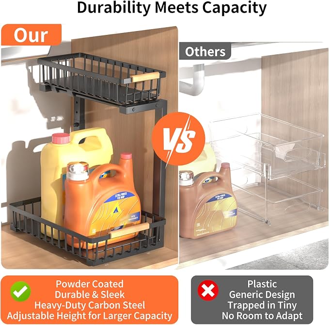 Under Sink Organizer, Under Sink Organizers and Storage, 2-Tier Pull Out Under Cabinet Organizer Storage Shelf, Metal Frame, Height Adjustable Rack for Bathroom Kitchen Pantry