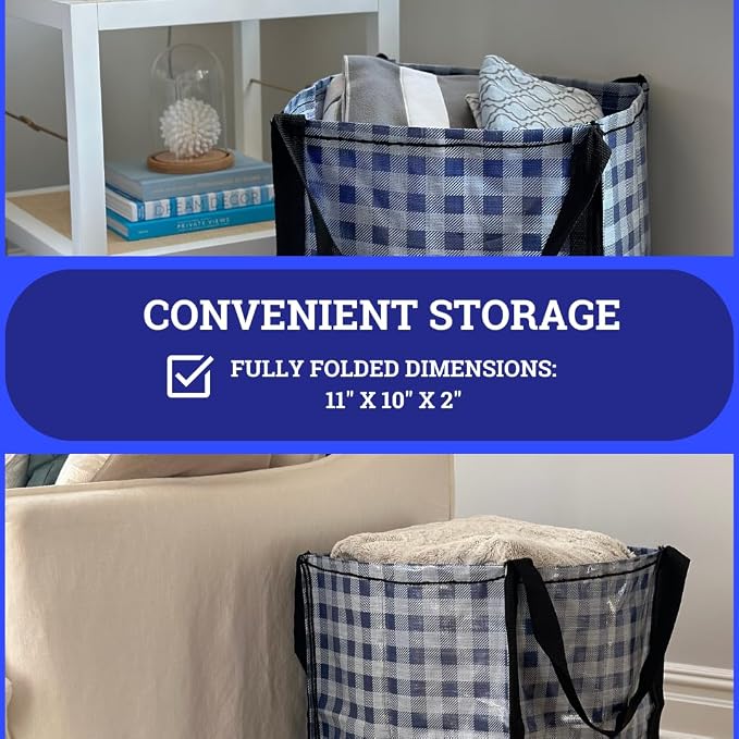 DURASACK Heavy Duty Storage Tote Bag 22-Gallon Rugged Woven Polypropylene Moving Bag, Reusable Self-Standing Design, Holds up to 500 Pounds, Single, Gingham Blue