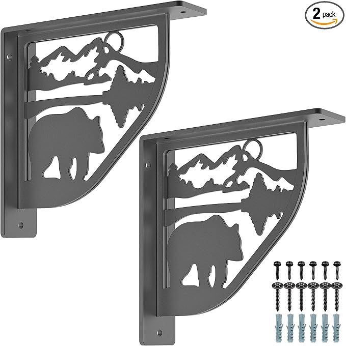 SELEWARE Black Heavy Duty Shelf Brackets, L 8" x H 8" x W 2" Wall Mount Decorative Shelving Brackets, 1/5" Thick Metal L Brackets with Mounting Hardware for DIY Floating Shelf (Bear, 2 Pack)