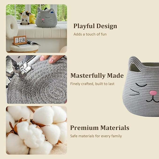 VK VK·LIVING Animal Baskets Large Woven Cotton Rope Storage with Cute Cat Design and Handles, Cat Toy Box Laundry Organizer for Towels, Blanket, Toys, Clothes, Gift for Pet or Baby Baskets 15"D x 14"H