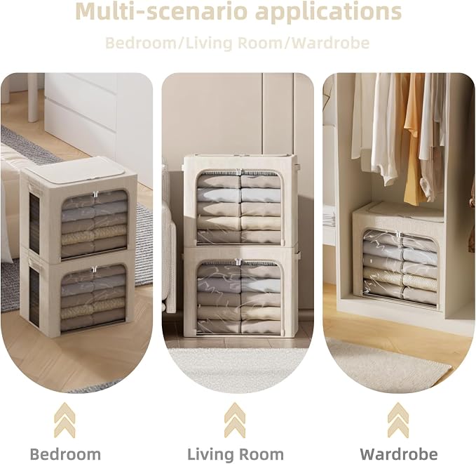 FHSQX 2 Pack Clothes Storage Bins with Metal Frame Beige, 15.7x11.8x9.8 Inch