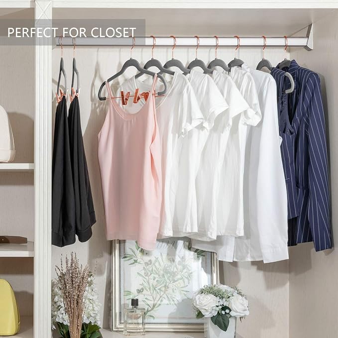 MIZGI Premium Velvet Pants Hangers with Clips (Pack of 20) Slim Skirt Hangers- Non Slip Felt Outfit Dress Hangers Gray - Copper/Rose Gold Hooks,Space Saving Shirt Clothes Hangers