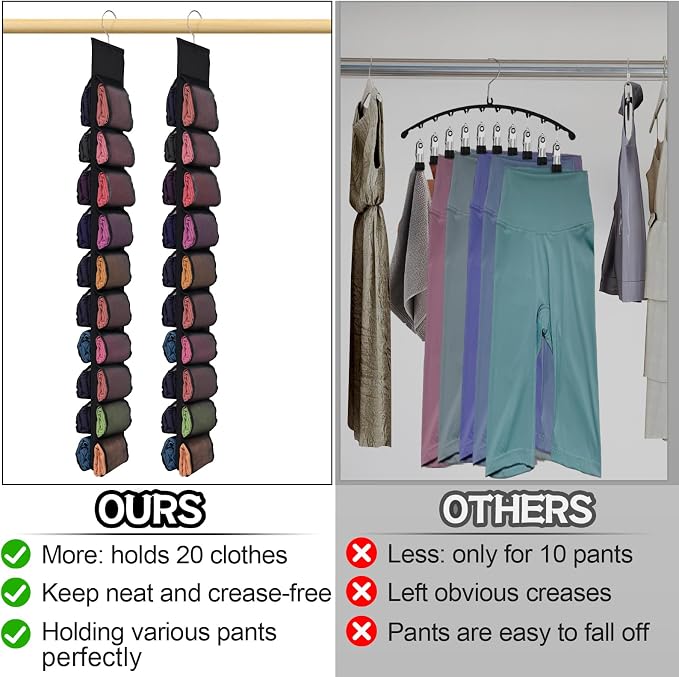 Aulock 2 Pack Legging Storage Organizer, Hanging Closet Organizer System, Black Clothes Closets Holder with 20 Roll Independent Compartments for Yoga T-Shirts Bras Socks Pants Tank Top Towel