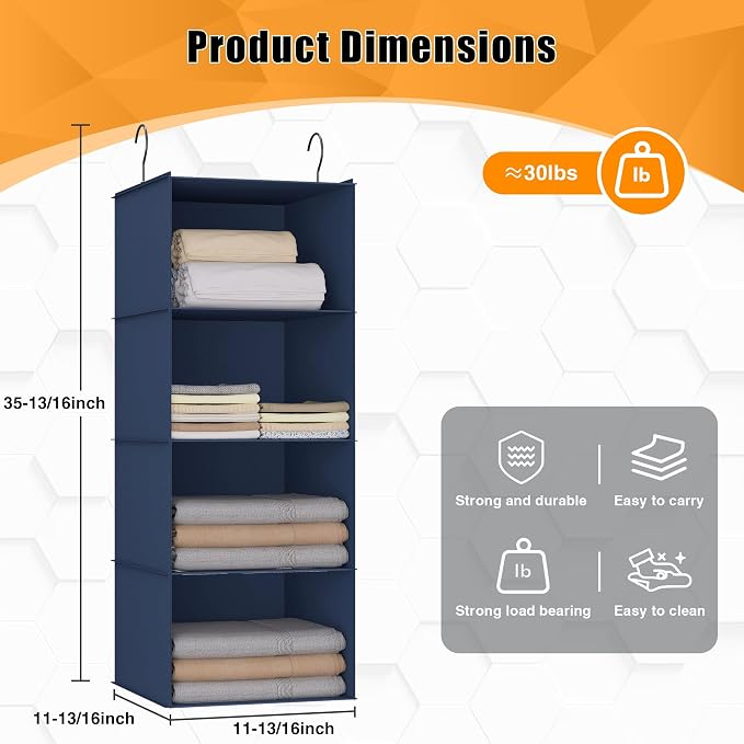 Hanging Closet Organizer 4-Shelf, Oxford Fabric Wardrobe Storage, Navy Blue | Easy-mount foldable design holds clothes, handbags, shoes & accessories; washable Oxford fabric, sturdy and space-saving.