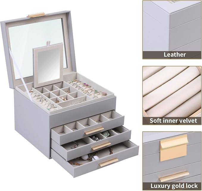 BOOVO Clear Lid Jewelry Box,3 Layers Jewelry Organizer Large Jewelry Storage Box with 2 Drawers,Jewelry Holder Organzier of Rings Earrings Necklace Bracelets for Women (Grey, 4 Layer)