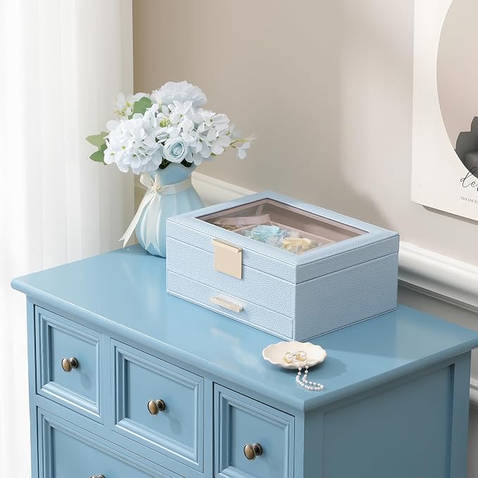 Lolalet Jewelry Organizer with Glass Lid, 2-Layer Jewelry Box Case with Drawer, Earrings Watch Ring Display Storage -Blue