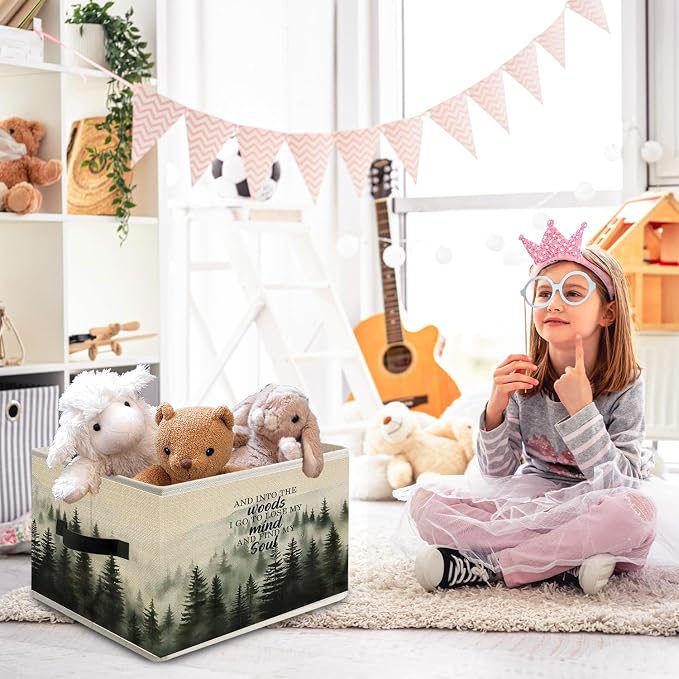 Foggy Misty Nature Forest Storage Bin Box with Handles, and into the Woods I Go to Lose My Mind Find My Soul Foldable Organizer Basket Toybox for Bedroom Bathroom Clothes Toys Books