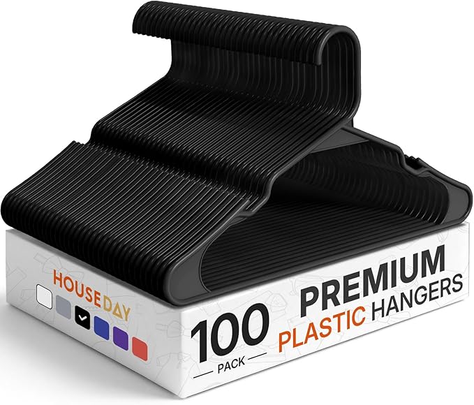 HOUSE DAY Plastic Hangers 100 Pack - Adult Clothes Hangers Black - Space Saving, Non-Slip, Durable & Sturdy Hanger with Shoulder Grooves for Closet, Perfect Slim Coat Hanger - Ganchos para Colgar Ropa