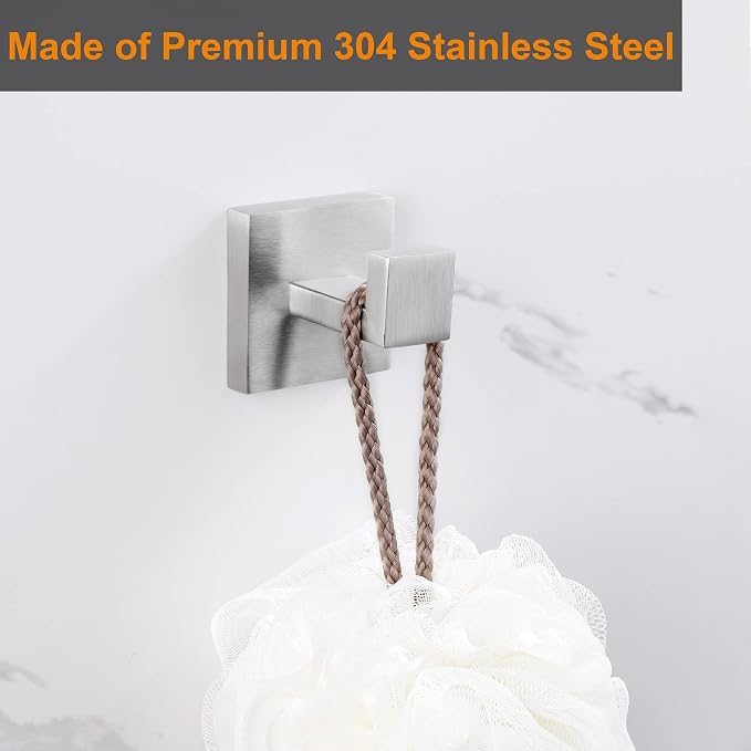 Nolimas Towel Hook Stainless Steel Bathroom Rustproof Clothes Towel Coat Hook Wall Mounted Square Toilet Kitchen, Heavy Duty Door Hanger, 4 Pack, Brushed Nickel