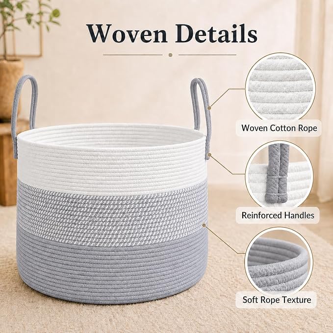 JMvicyroam 65L Extra Large Blanket Basket for Living Room - Woven Cotton Rope Laundry Hamper with Reinforced Handles - Storage Bin for Pillows, Comforters & Toys - Machine Washable,White&Grey Mix
