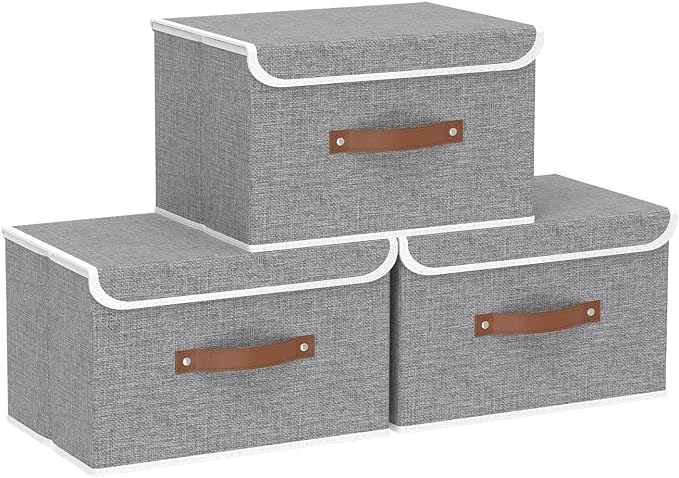 Yawinhe Collapsible Storage Box, Cube Organizer Basket, Fabric Bin with Lids, Washable and Leather Handle for Shelves, Closet, Grey, 10.2x7.9x6.7 In, 3-Pack, SNK024GN-3