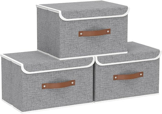 Yawinhe Collapsible Storage Box, Cube Organizer Basket, Fabric Bin with Lids, Washable and Leather Handle for Shelves, Closet, Grey, 10.2x7.9x6.7 In, 3-Pack, SNK024GN-3