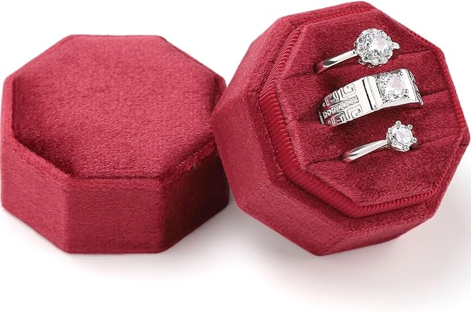 WantGor Velvet Ring Box, 3 Slots Jewelry Ring Gift Box Vintage Ring Holder | Ring Display Case for Wedding Ceremony Proposal Engagement (Burgundy)