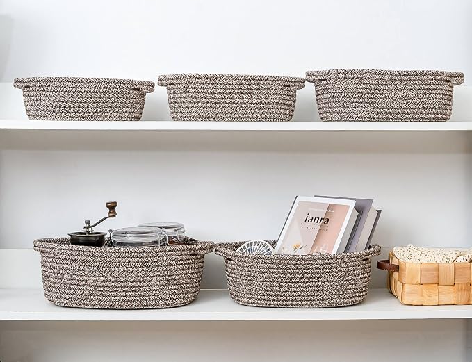 CubesLand Small Storage Basket Cotton Rope Organizer Baskets for Shelves | Set of 5 Decorative Closet Storage Bins with Handle for Countertop, Toilet Paper Basket for Toilet Tank Top, Mixed Brown
