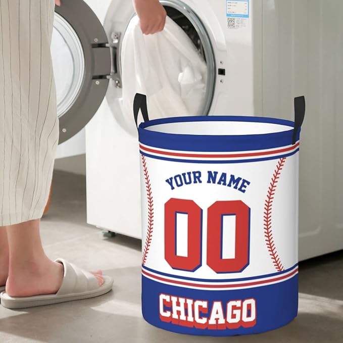 Chicago Custom Laundry Hamper Personalized Laundry Basket Customized Name And Number Collapsible Storage Basket for Bedroom Bathroom Living Room Baseball Fan Gifts