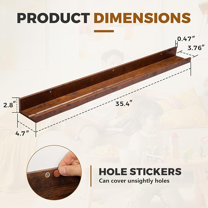 Muzilife 45.3" Large Floating Wall Ledge Shelves with Lip - Set of 2 Rustic Wood Floating Shelves - Honey Wall Mounted Picture Ledge for Office, Bathroom, Bedroom, Living Room, Kitchen