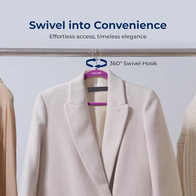 SereneLife Velvet Hangers – 150 Pack, Slim & Space Saving for Closets | Soft velvet grip prevents slipping on silk, satin & knitwear – 360° swivel hook fits all standard closet rods