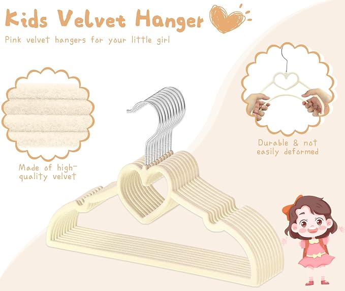 GOSCHE Baby Velvet Hangers 50 Pack, Durable Toddler Hangers for Closet, 12.8 inch Cute Kid Hanger, Premium Velvet Children Hanger for Infant, Non-Slip, Cream