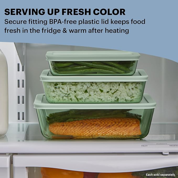 Pyrex Colors Tinted (4-PC) Large Rectangular Food Storage Container Set, Snug Fit Non-Toxic Plastic BPA-Free Lids, Freezer Dishwasher Microwave Safe, 6 Cup & 11 Cup