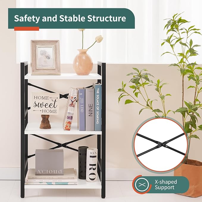 Yoobure Bookshelf Small Book Shelf, Solid Industrial 3 Tier Shelf Bookcase, Short Book Case for Bedroom, Living Room, Office Home, Small Spaces, Easy Assembly, White