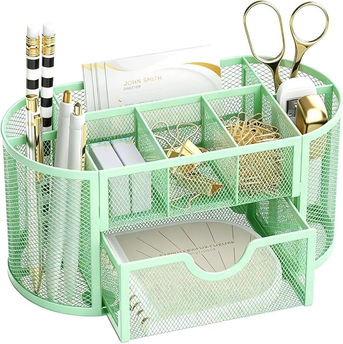 SUPEASY Mesh Desk Organizer, Desk Accessories & Workspace Organizers with Drawers, Pencil Holder for Desk with 9 Compartments for Office Supplies, School, Classroom, 8.6 x 4.3 x 4.1 Inch, Green