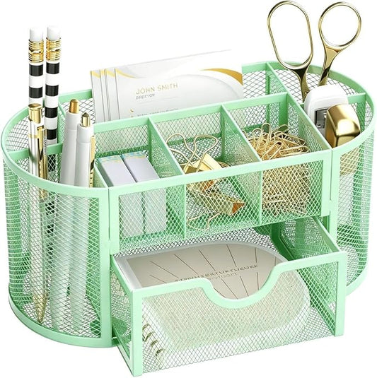 SUPEASY Mesh Desk Organizer, Desk Accessories & Workspace Organizers with Drawers, Pencil Holder for Desk with 9 Compartments for Office Supplies, School, Classroom, 8.6 x 4.3 x 4.1 Inch, Green