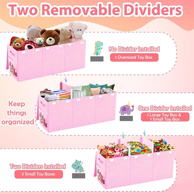 Extra Large Toy Storage Box with Lid Divider, Sturdy Collapsible Toys Organizer Chest Kids Storage Bins Boxes Baskets for Boys, Girls, Nursery, Bedroom, Living Room, Playroom, 40"x14"x16", Pink