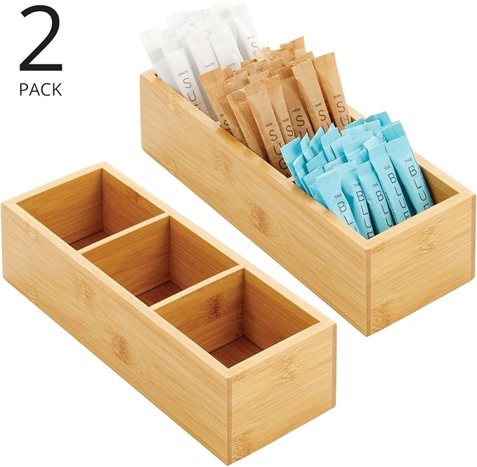 mDesign Bamboo Wood Slim Food Storage Organizer Box, 3 Section, Divided Compartment Bin; Container for Kitchen, Pantry; Holder for Spices, Snacks, Tea, Coffee - Echo Collection - 2 Pack -Natural