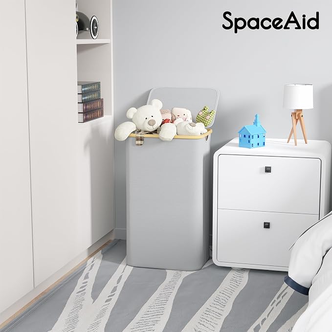 SpaceAid Laundry Hamper with Lid, 110L Large Tall Clothes Basket Bin with Bamboo Handles, Collapsible Laundry Hamper for Bedroom, Bathroom, Dorm, Laundry Room - Light Grey