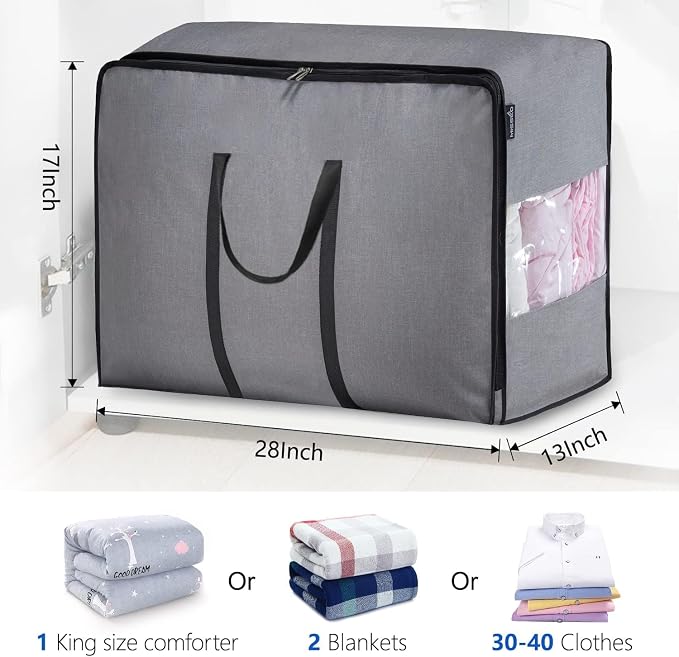 MISSLO Thick Over Size Storage Bag, Folding Organizer Bag, Under Bed Storage, College Carrying Bag for Bedding Comforters, Blanket, Clothes (Grey)