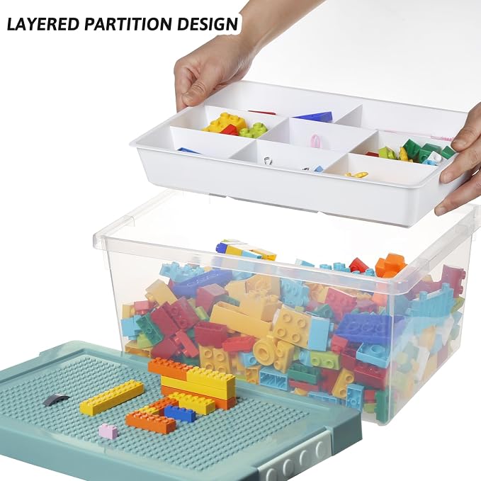 Plastic Storage Bins with Lids - 1 Set Stackable Arts Crafts Organizer Box with Removable Divided Tray &Compatible Building Baseplate,Toy Chest Containers for Bricks -Green(14.37"x9.64"x6.69")