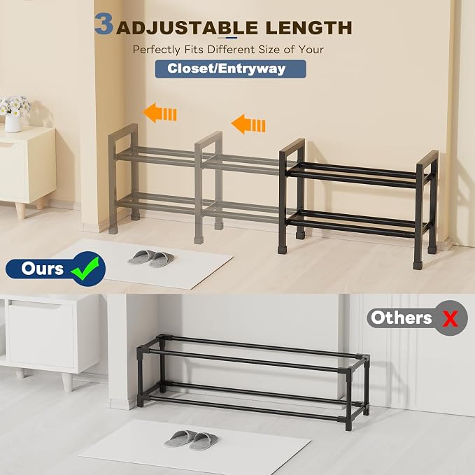 Mavivegue Expandable Shoe Rack, 2-Tier 19"-43.3" Adjustable Shoe Rack for Closet,Hall Entryway,Front Door,Garage, Sturdy Steel Space-Saving Rack, Black
