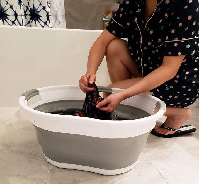 SAMMART 28L (7.4 gallon) Collapsible Plastic Laundry Basket-Oval Tub/Basket - Portable Washing Tub-Space Saving Laundry Hamper, Water capacity: 22L (5.8 gallon) (1, Grey)