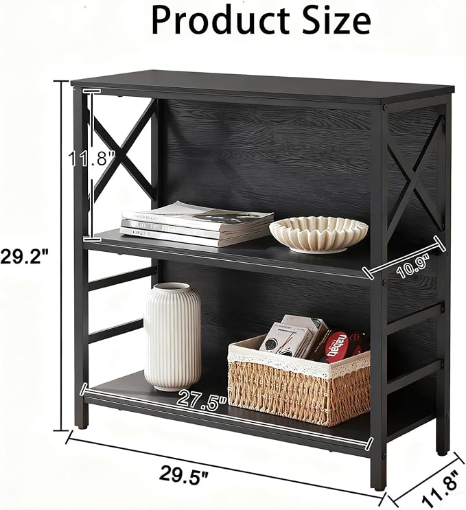 MNEETRUNG Book Shelf, Small 3-Tier Industrial Bookshelf with Strong Metal Frame & Backboard, 29.5" Short Bookcase for Small Spaces, Living Room, Bedroom and Home Office, Black