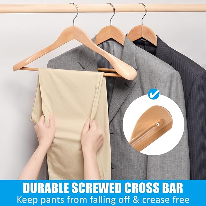 Amber Home 6 Pack Wide Shoulder Wooden Suit Hangers, Natural | Natural Wood Coat Hangers with Non Slip Pants Bar, Clothes Hangers for Jackets, Sweaters, Pants & Heavy Clothes