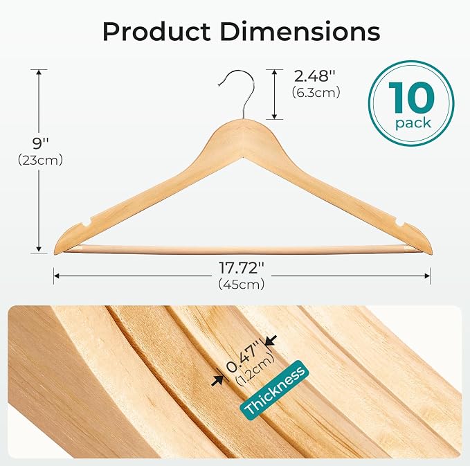 HOUSE DAY Premium Wooden Hangers 10 Pack - Heavy Duty & Durable Coat Hanger | Natural Wood Suit Hangers, 360° Swivel Hook & Pant Bar, Ideal for Jackets, Dresses, Shirts, Perfect for Closet Organization