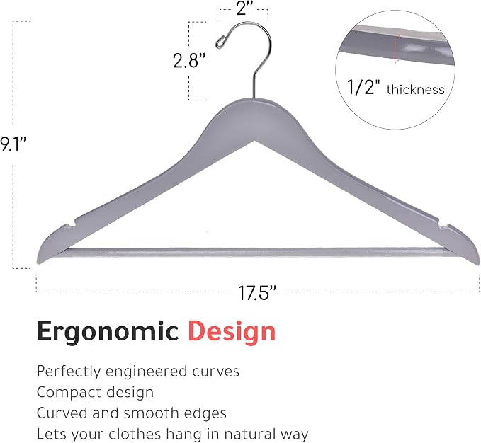 Quality Hangers - Wooden Coat Hangers - Slightly Curved Hanger Set of 20-Pack - Solid Wood with Stylish Chrome Hooks - Heavy-Duty Clothes, Jacket, Shirt, Pants, Suit Hangers (Gray, 20)
