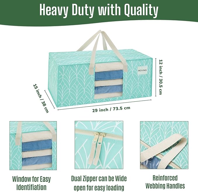 VENO 6 Pack Heavy Duty Moving Bags, Packing Bags with Clear Window, Alternative to Moving Boxes, Storage Bins for Clothes, Blankets, Comforters, College Dorm Essentials (Evergreen, 6 Pack)
