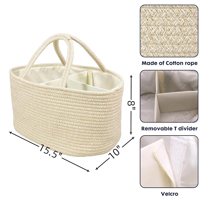 XUANGUO Large Baby Diaper Caddy Organizer for Girl Boy Rope Nursery Storage Bin Basket Portable Holder Tote Bag for Changing Table Car Travel Baby Shower Gifts Oatmeal