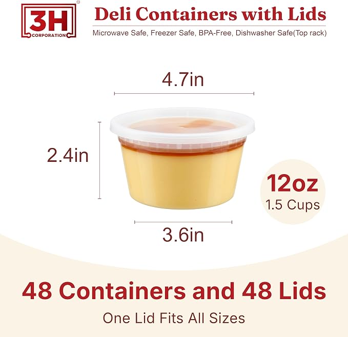 12oz Deli Containers with Lids (48 Set/96 Pcs) Small Fruit Cups with Lids, Freezer Microwave Safe, BPA-Free Stackable Airtight Leakproof Salad Dressing Condiment Dipping Sauce Cups