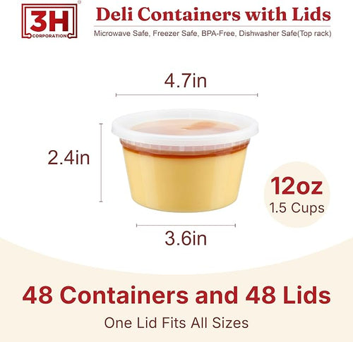 12oz Deli Containers with Lids (48 Set/96 Pcs) Small Fruit Cups with Lids, Freezer Microwave Safe, BPA-Free Stackable Airtight Leakproof Salad Dressing Condiment Dipping Sauce Cups