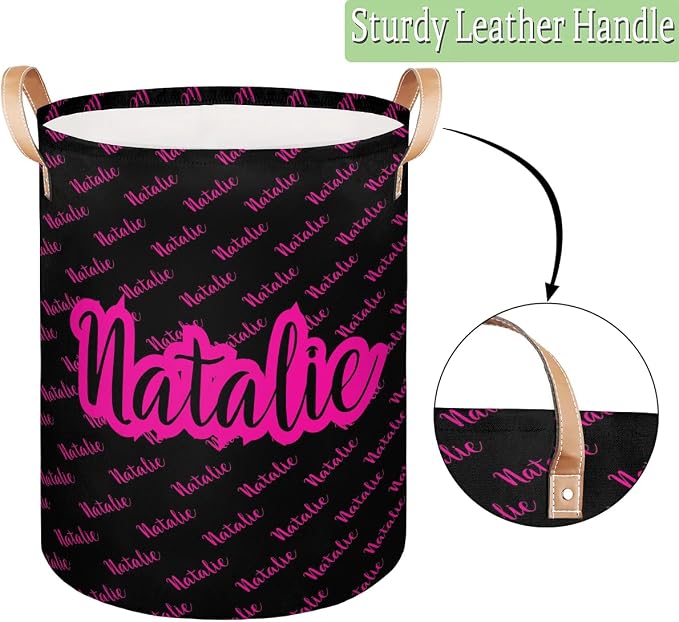 Personalized Laundry Basket, Custom Gift Laundry Hamper, Collapsible Nursery Waterproof Laundry Baskets, Dirty Clothes Toy Hamper with Handles Name Black Hot Pink